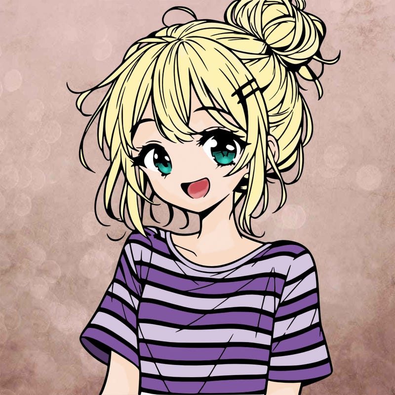 anime girl teenager striped shirt and smile and messy bun