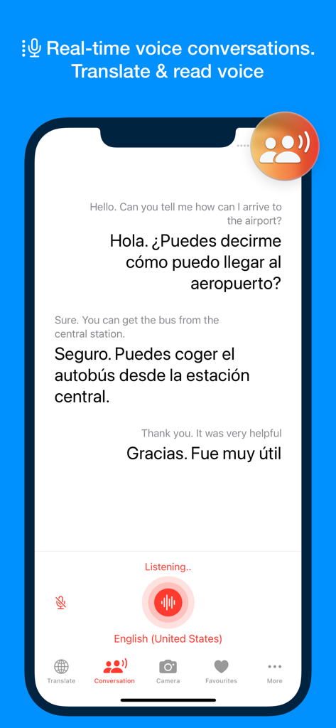 Documents Translator - Pantalla de traducción de conversaciones por voz del Traductor de Documentos mostrando un diálogo entre inglés y español