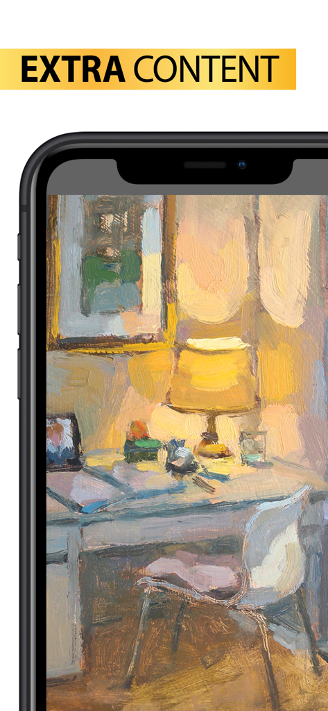 Leisure Painter & The Artist - Smartphone screen showing a painting of an indoor desk and chair with an extra content banner