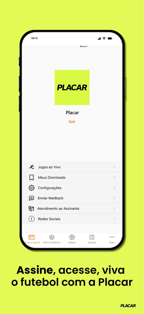Revista Placar Digital - Smartphone que muestra el menú de la app de la revista de fútbol Revista Placar Digital con fondo verde lima.