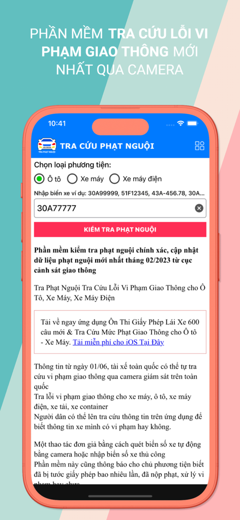 Tra phạt nguội xe toàn quốc - Mobile app interface for checking traffic fines in Vietnam by license plate number