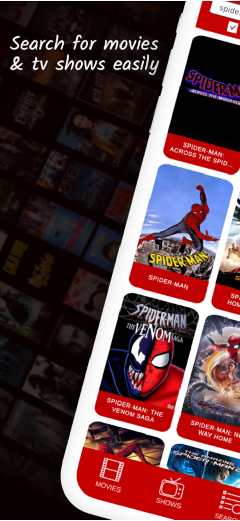 Primeflix Plus Movies & Tv - Primeflix Plus app search screen showing various Spider-Man movie posters