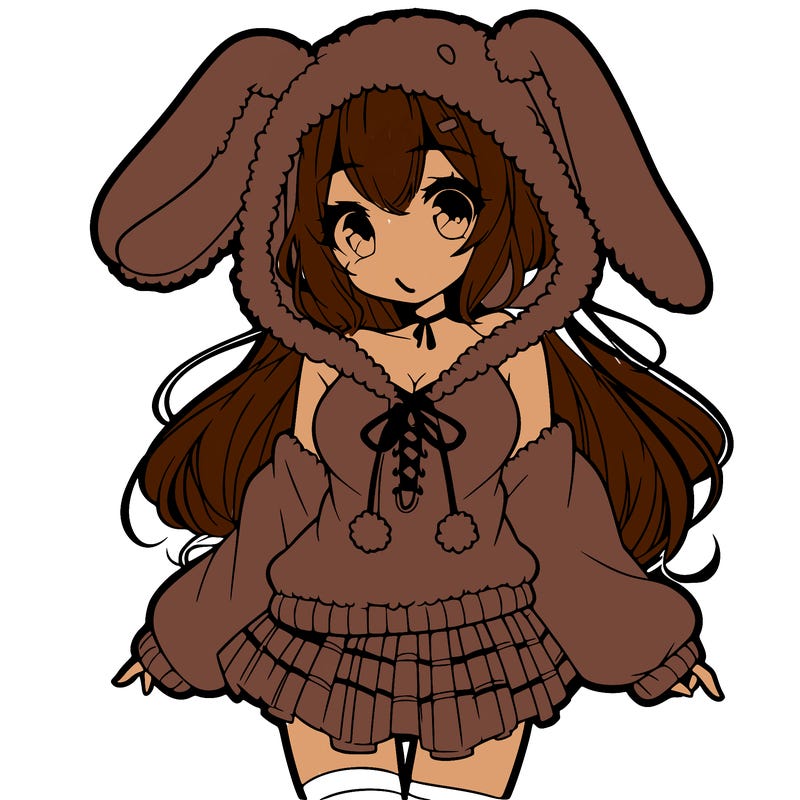 pretty anime girl wearing a fluffy hoodie with bunny ears on the hood and a skirt
