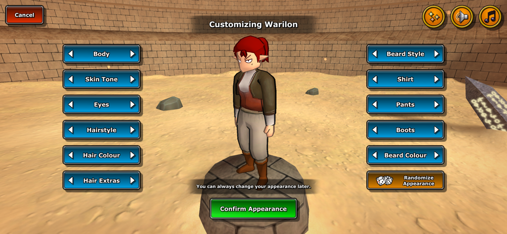 Tela de personalização de personagem no Eterspire MMORPG mostrando várias opções de aparência para um avatar de aventureiro.