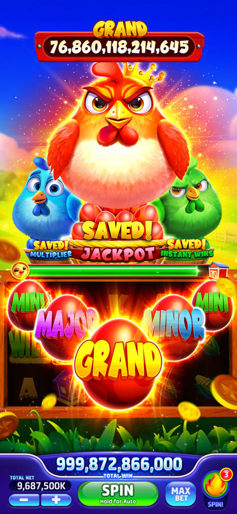 Jackpot Crazy-Vegas Cash Slots - Gameplay screen of Jackpot Crazy Vegas Cash Slots featuring a farm theme with chickens and a massive grand jackpot