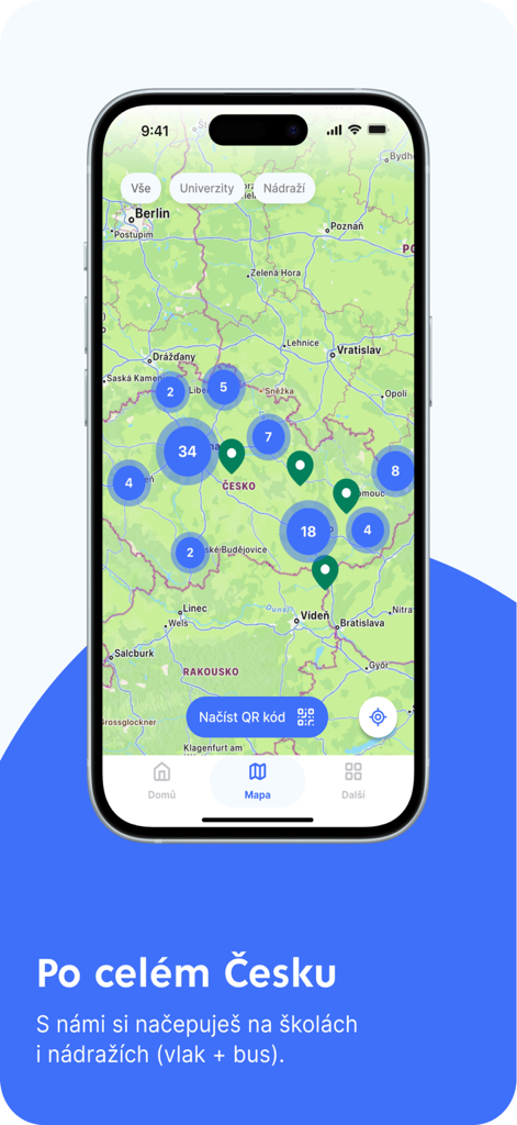 Lokni - チェコ共和国全域のろ過水ディスペンサーの場所を示す地図を表示するモバイルアプリ画面