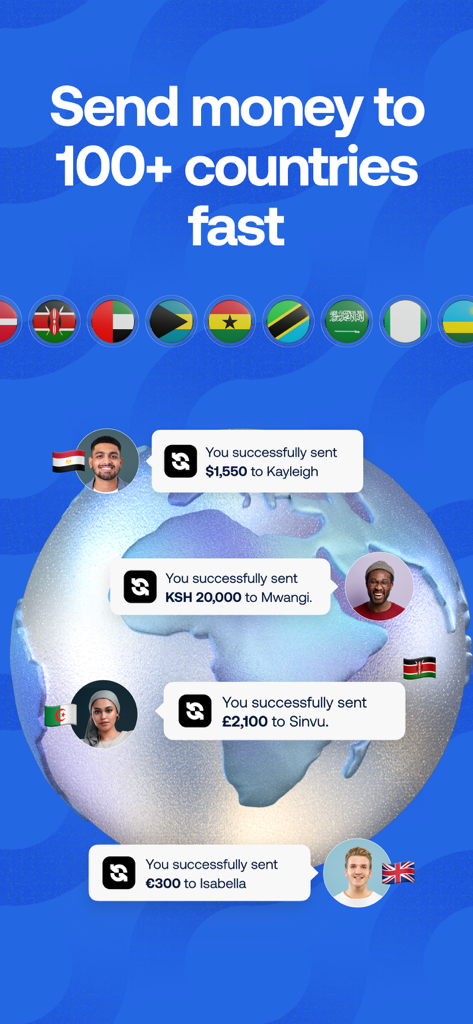 Grey app interface showing global money transfer notifications around a 3D globe