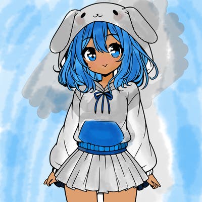 pretty anime girl wearing a fluffy hoodie with bunny ears on the hood and a skirt