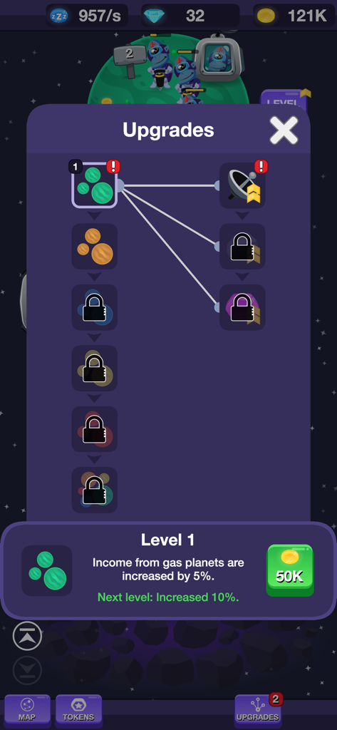Planet Miner FRVR - Menú de mejoras del juego Planet Miner FRVR mostrando la bonificación de ingresos de planetas de gas