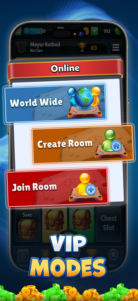 Carrom Royale - Interfaz de la aplicación Carrom Royale que muestra modos de juego VIP en línea que incluyen Mundo, Crear Sala y Unirse a Sala.
