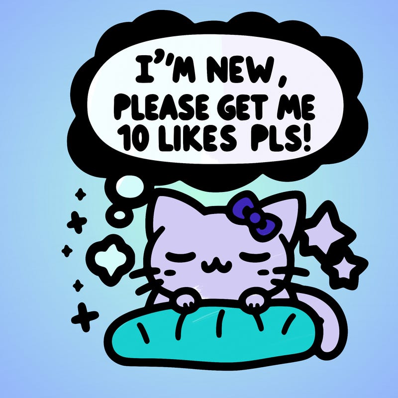 kitty taking a nap dream talking and saying "i'm new, please get me at least 10 likes pls!!"