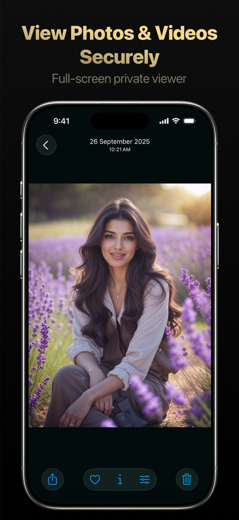 Trustful – Secret Photo Vault - Trustfulアプリのモバイルインターフェース。女性の写真がフルスクリーンプライベートビューアに表示され、安全な共有と整理オプションがあります。