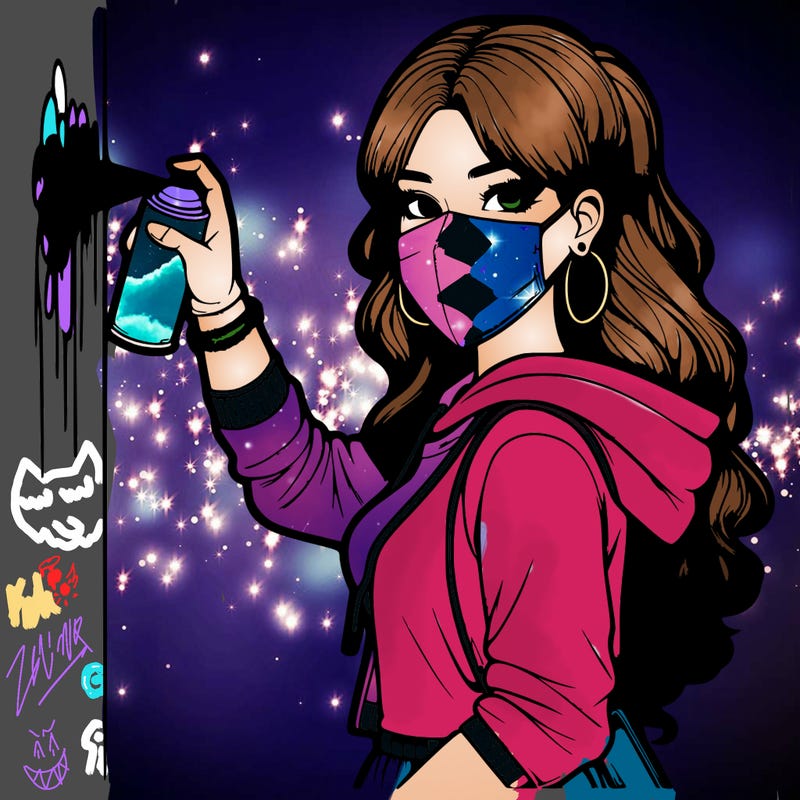 realistic girl with mask spray painting a wall