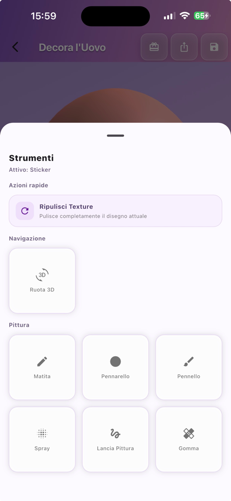 Easter Eggs 3D Painter - Menú de herramientas de la aplicación de pintura de huevos de Pascua en 3D que muestra opciones de pincel de lápiz, spray y rotación