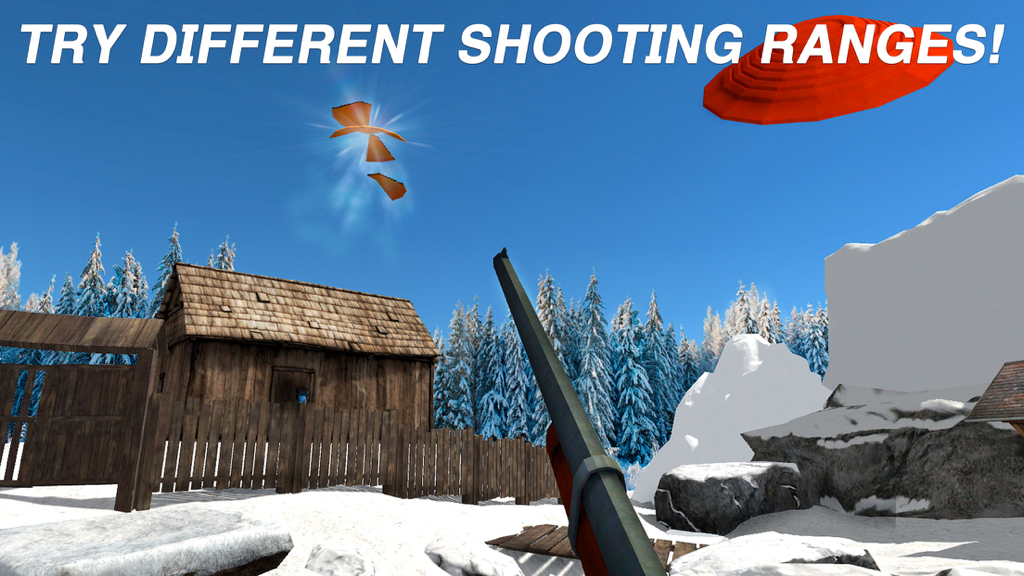 First person perspective of a shotgun shooting clay targets in a snowy winter environment