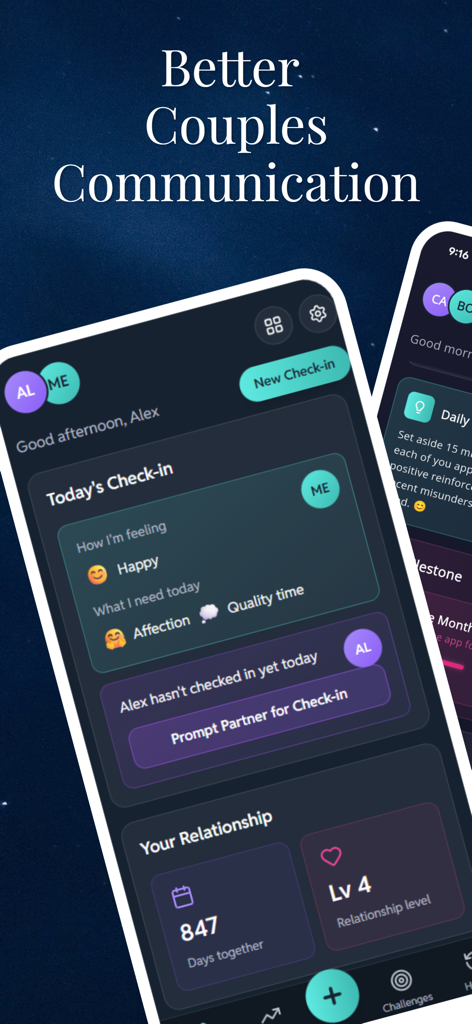 Couples Relationship AI App - Panel de control de la Aplicación de IA para Relaciones de Pareja que muestra el registro diario y estadísticas de la relación