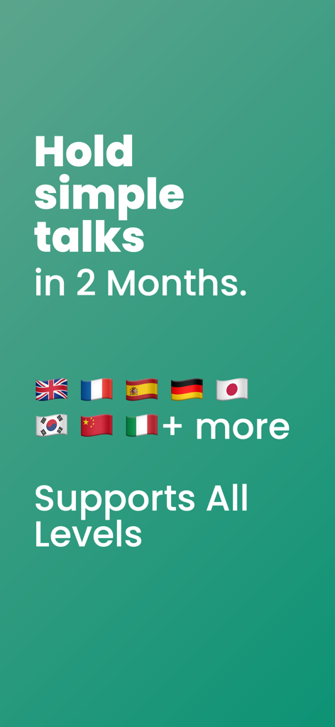 Ein Werbebildschirm für die Fluent-Sprachlern-App mit der Aussage Halten Sie einfache Gespräche in 2 Monaten und unterstützt alle Niveaus mit internationalen Flaggen.