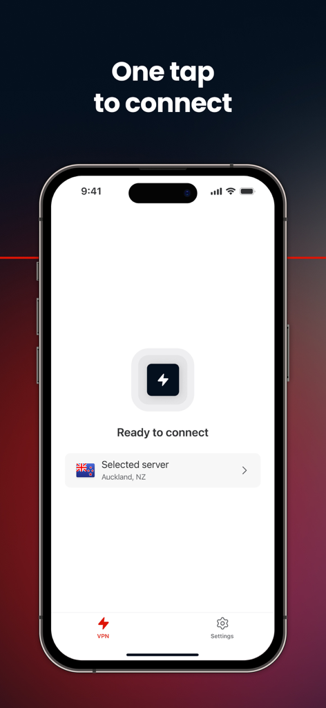 MEGA VPN – Privacy Online - MEGA VPN mobile app interface showing a one tap connection screen with a lightning bolt icon and New Zealand server selection