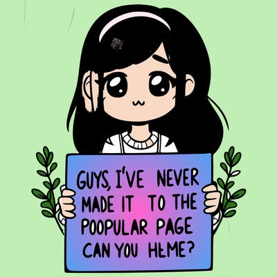 a girl holding up a sign that says, guys, i’ve never made it to the popular page, can you help me?