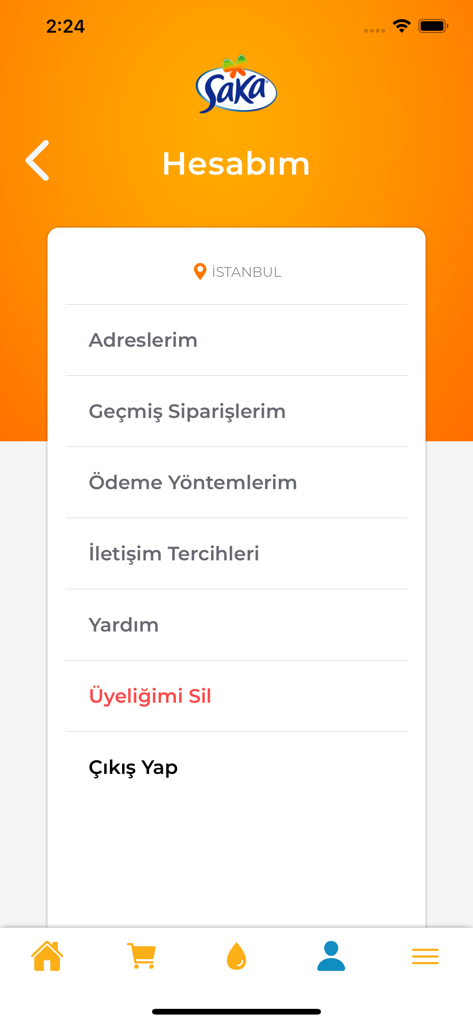 Saka Su mobile app account settings screen with menu options in Turkish