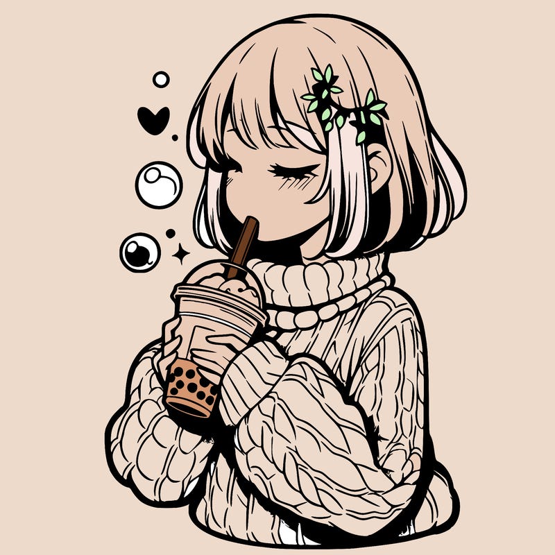 manga girl drinking boba in cozy sweater