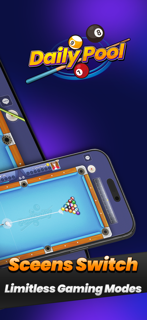 DailyPool-3D 8 Ball Pool - DailyPool 3D mobile billiards game showing a realistic pool table and cue stick