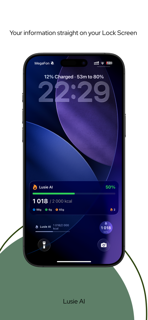 Pantalla de bloqueo del iPhone que muestra el widget de seguimiento de calorías de Lusie AI con el progreso nutricional diario.