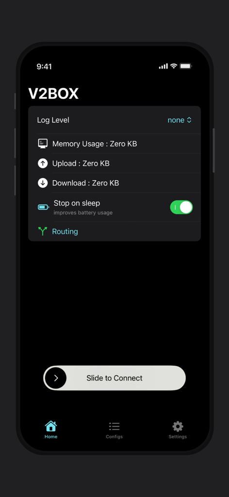 V2Box v2ray client home screen showing connection metrics and slide to connect button