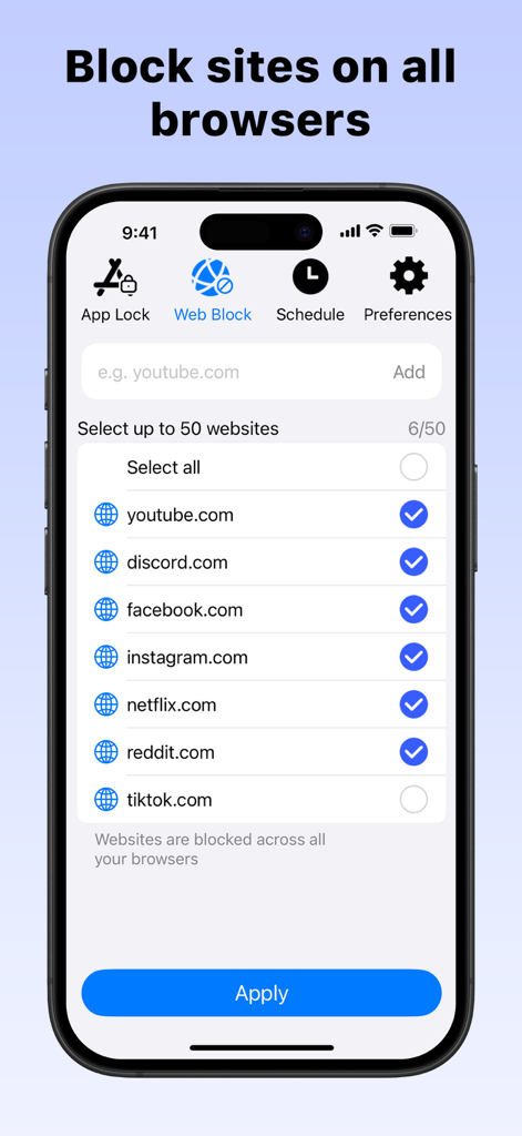 AppCrypt app screen showing the website blocker interface with a list of sites like YouTube and Facebook selected for blocking