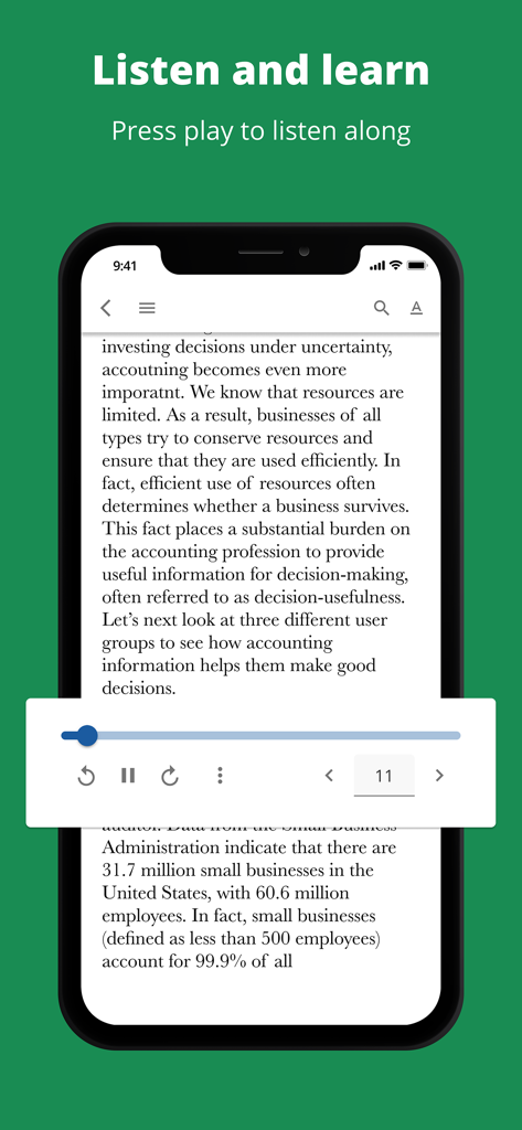 Wiley Reader - Smartphone screen showing the Wiley Reader app with an active text to speech audio player over an accounting textbook page