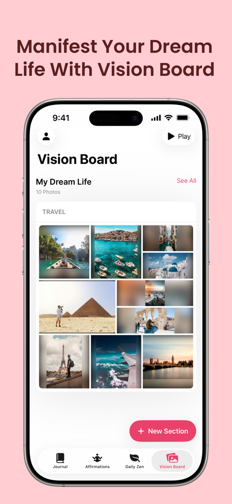 Gratitude: Self-Care Journal - Digital vision board feature in the Gratitude app showing a travel themed photo collage