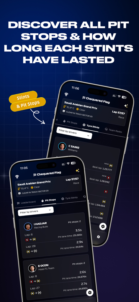 Formula Live Pulse - Formula Live Pulse app interface showing detailed Formula 1 pit stop times and tyre stint data