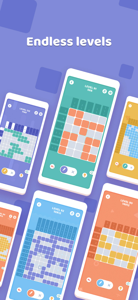 Múltiples pantallas de teléfonos móviles que muestran varios niveles coloridos de rompecabezas lógicos Nonogram