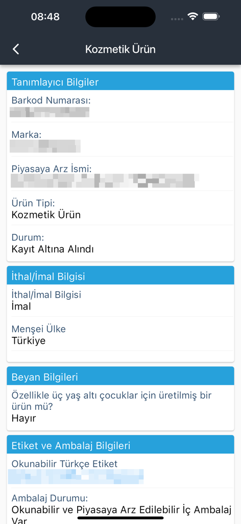 ÜTS Mobil - Mobile app screen showing official registration details and verification for a cosmetic product in the UTS Mobil application.