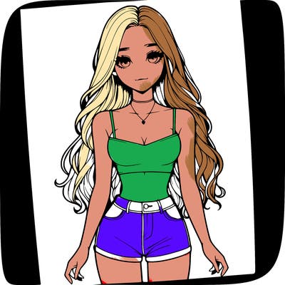 a realistic girl with long hair and in a crop top and shprts