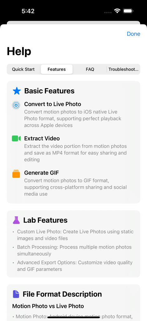 Help screen of the Motion2Live app detailing features like converting to Live Photo, extracting video, and generating GIFs.