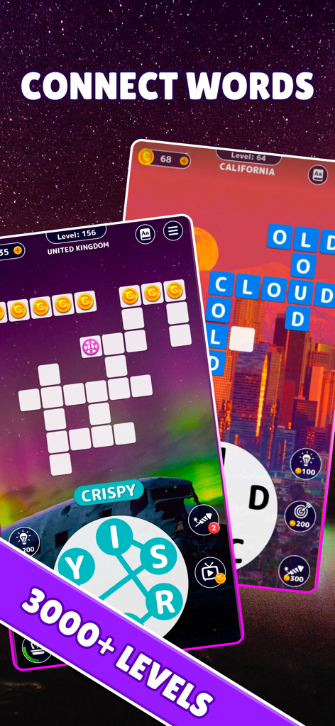 Word Maker - Puzzle Game - Interfaz del juego Word Maker mostrando puzles de conexión de palabras y fondos temáticos de viajes.