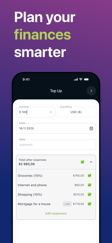 Debts & Savings Tracker - Pantalla de aplicación móvil que muestra la adición de ingresos y el desglose de gastos para la planificación financiera