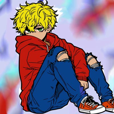 a male hoddie ripped jeans messy hair anime