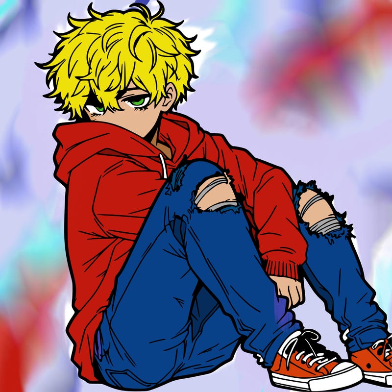 a male hoddie ripped jeans messy hair anime