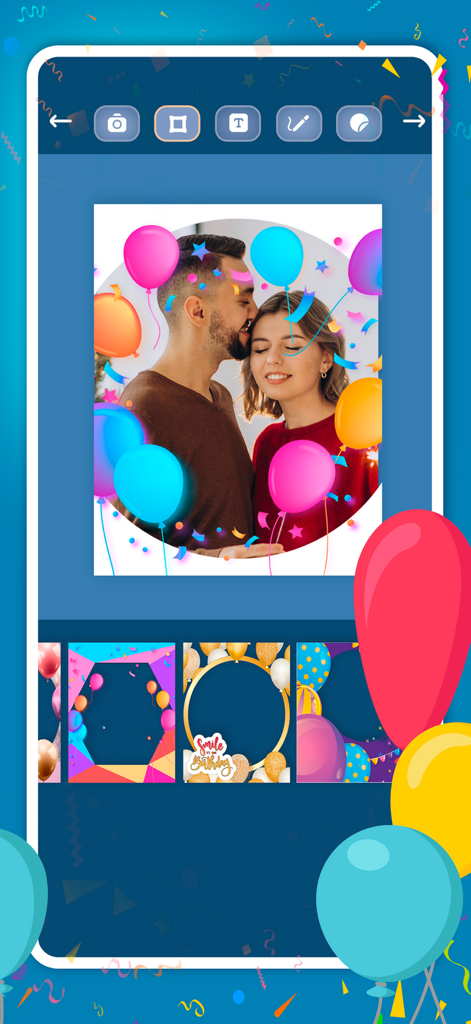 Create birthday greeting cards - Pantalla de una aplicación móvil que muestra una foto de una pareja editándose con coloridos globos de cumpleaños y marcos de confeti