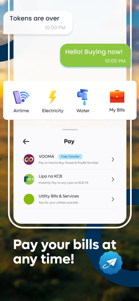 Interfaz de la nueva aplicación KCB Móvil mostrando opciones de pago de facturas para tiempo aire, electricidad, agua y servicios públicos.
