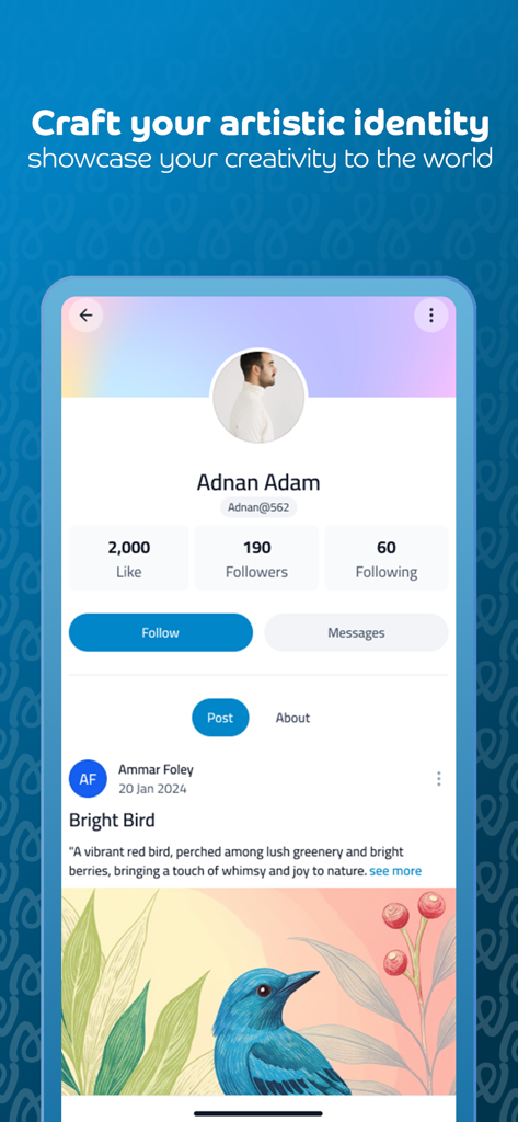 Artook - Artook app interface showing an artist profile with followers count and a featured illustration of a blue bird