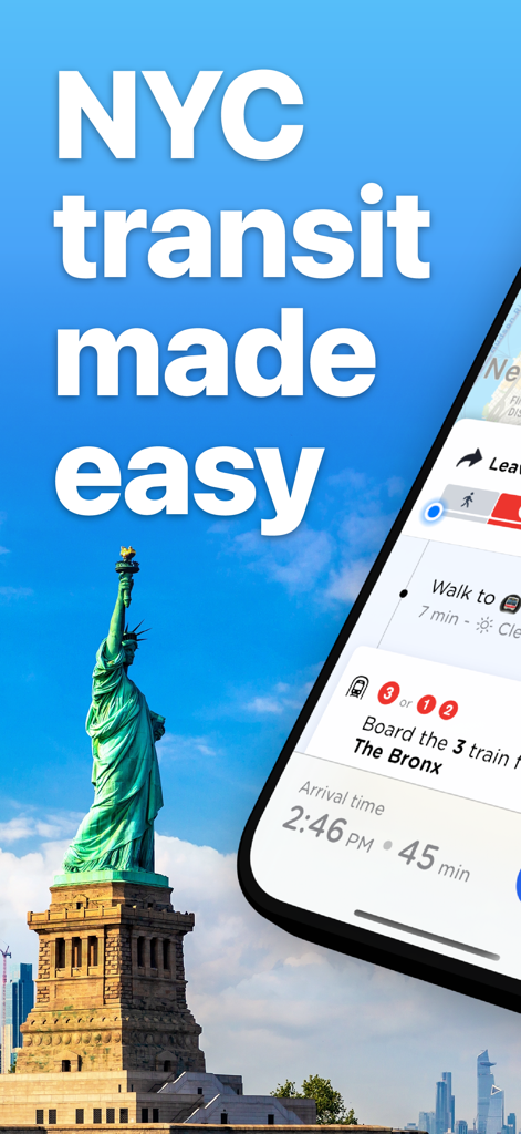 NYC Transit app interface showing subway arrival times and directions with the Statue of Liberty in the background