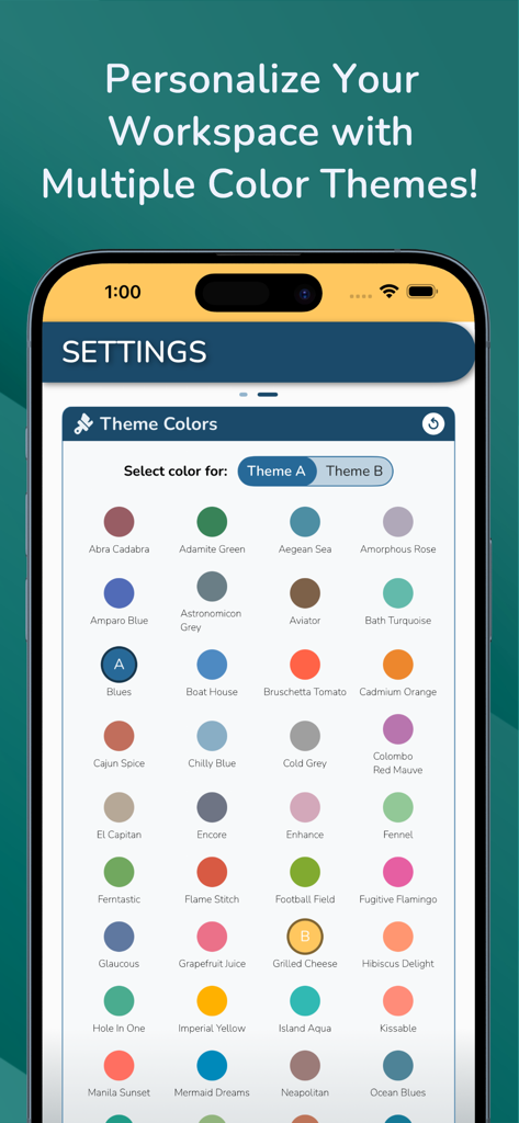 Einstellungsseite der Interpolationsmethoden-App mit einem Raster mehrerer Farbschemata zur Personalisierung des Arbeitsbereichs.