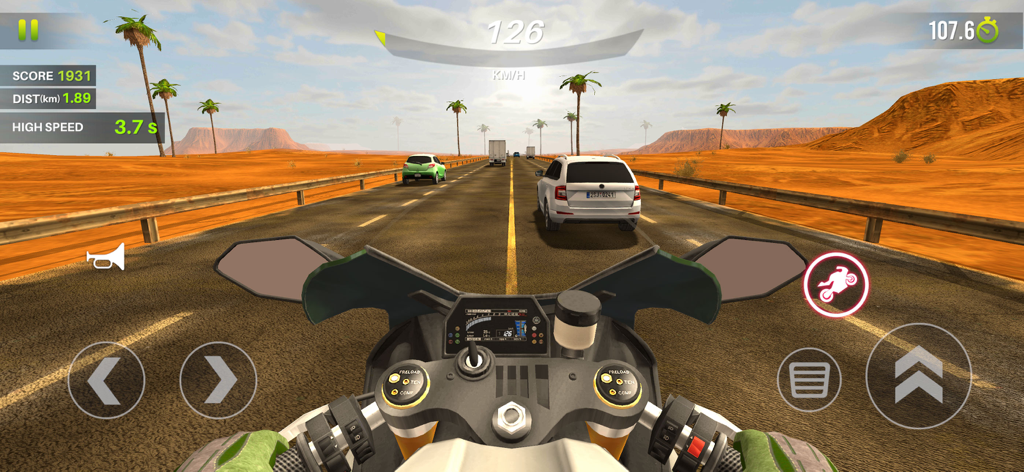 Traffic Bike - Real Moto Racer - First-person view of a motorcycle racing through highway traffic in a sunny desert