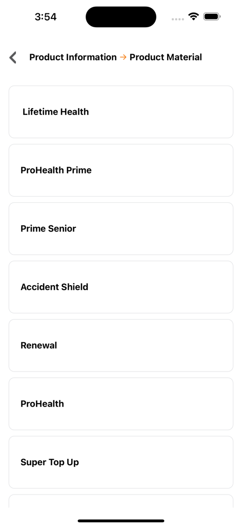 GoHealth Next - Interfaz de la aplicación GoHealth Next que muestra una lista de materiales de productos de seguros para agentes