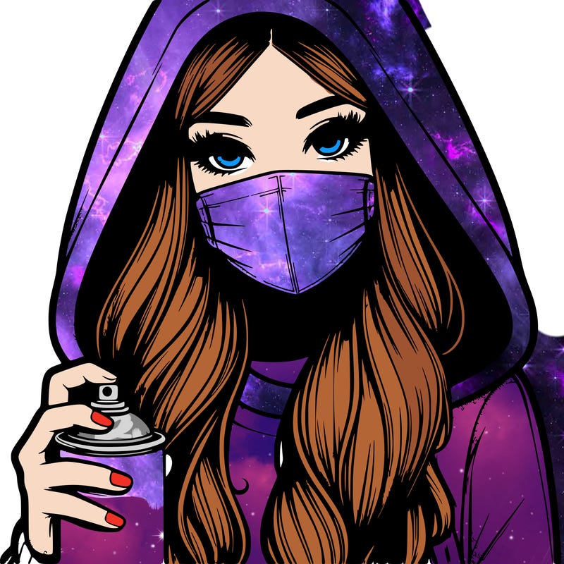 girl wearing a mask with long hair with her hood up spray-painting realistic