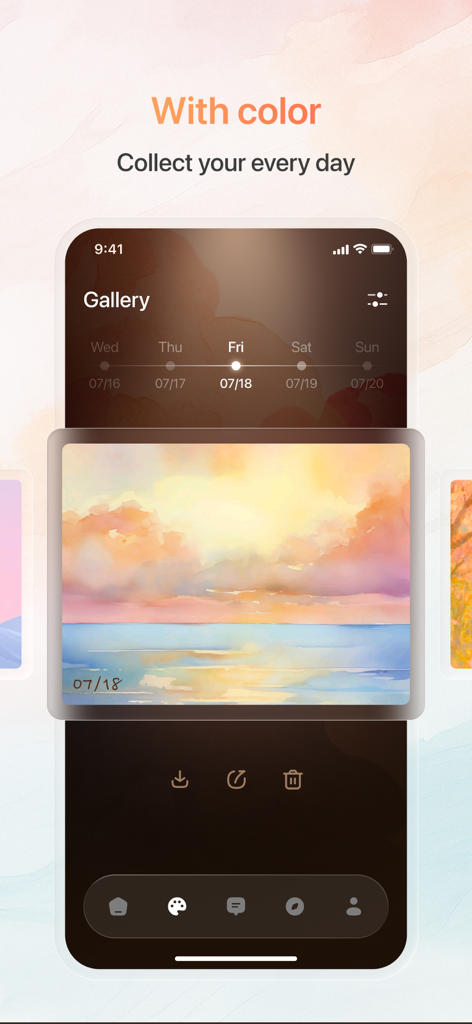 Feelora - Soul Art Trip - Une capture d'écran de la galerie de l'application Feelora présentant une peinture d'aquarelle d'un coucher de soleil pour le suivi de l'humeur quotidienne