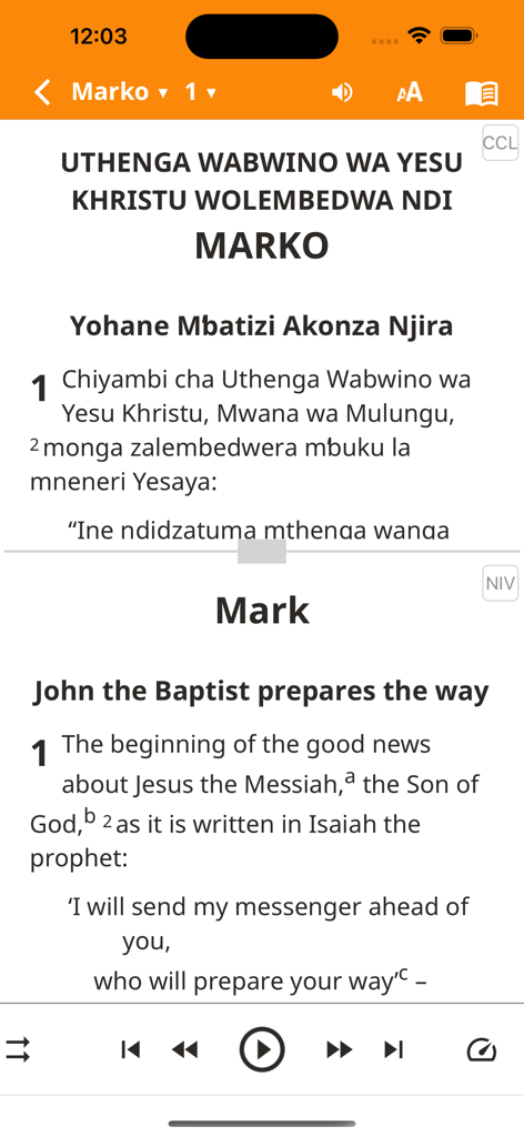 Chichewa Bible - Chichewa and English NIV translations in side by side mode